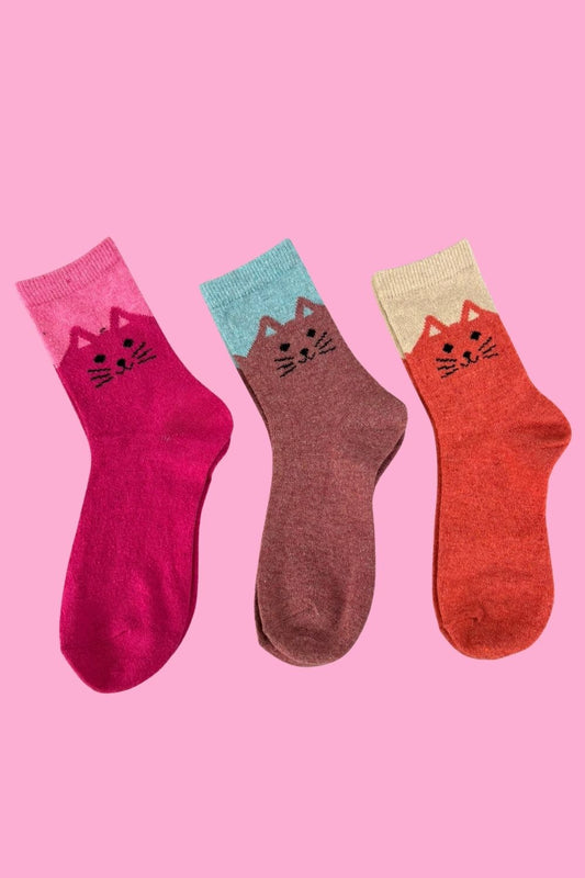 Cosy Blend Cat Socks - Includes Wool - Candy - Multi Pack Of 3