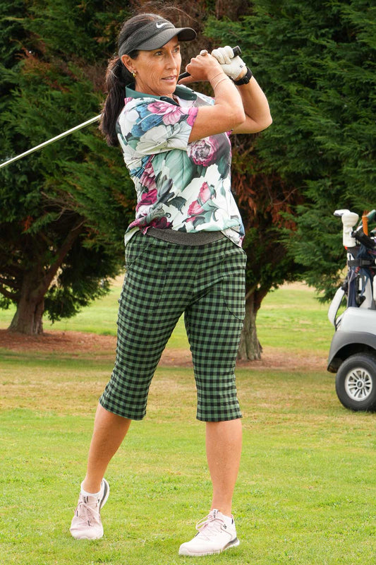 Styled with golf shirt – Kaye Capri Olive Check women’s activewear