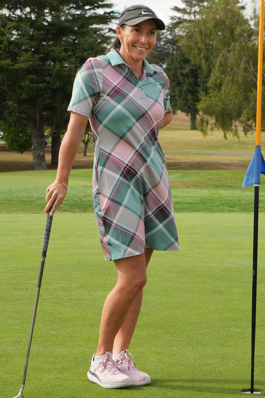 Lydia Dress Pink Plaid front view – women’s golf dress Annah Stretton