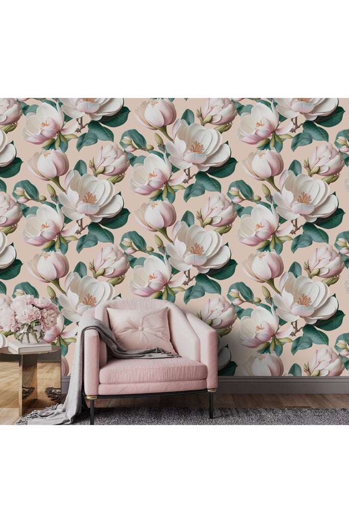 Magnolia Frenzy Mural Wallpaper 2.7m x 3m. Cream Magnolia Floral
