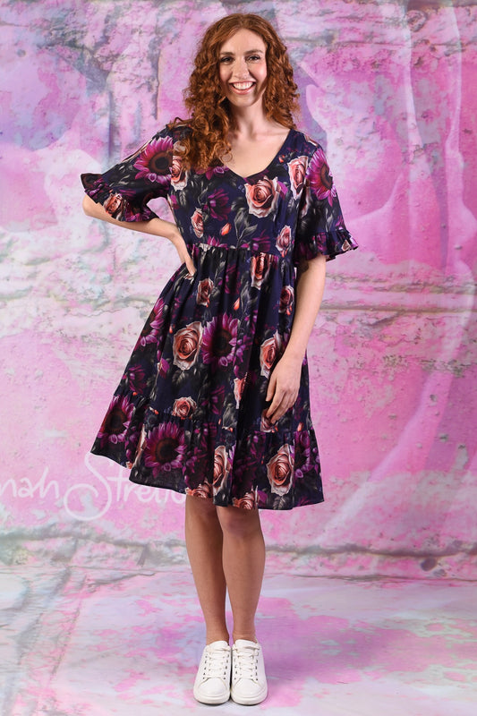 Saski Tina Dress – Purple Sunflower linen cotton by Annah Stretton