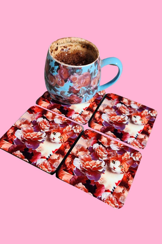 Floral ginger cat print coasters set