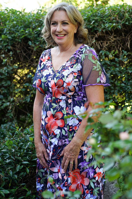 Multi-floral embroidered lace dress NZ