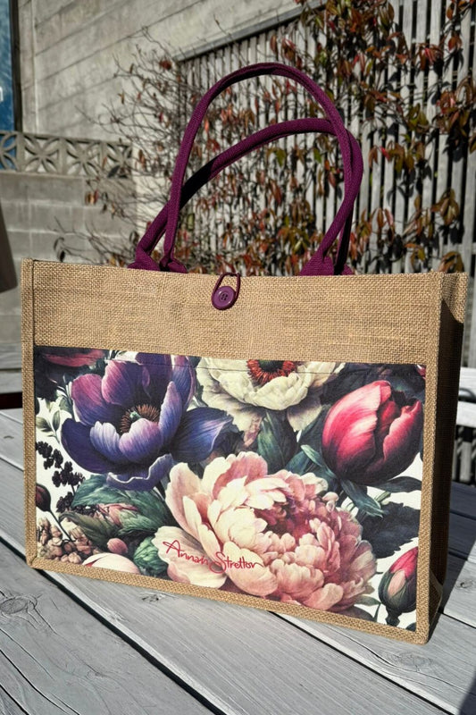 Petal Poem floral jute bag canvas tote Annah Stretton NZ