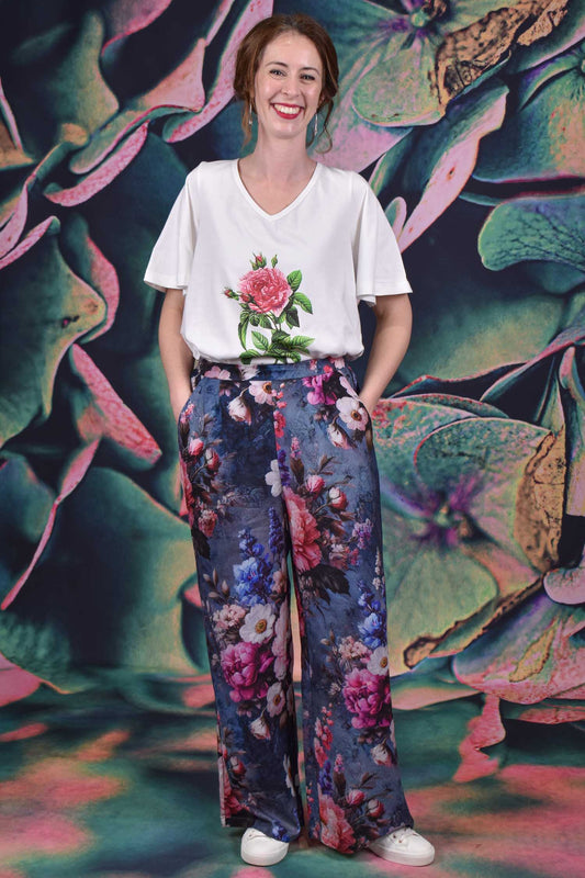 Wide-leg floral trousers New Zealand designer