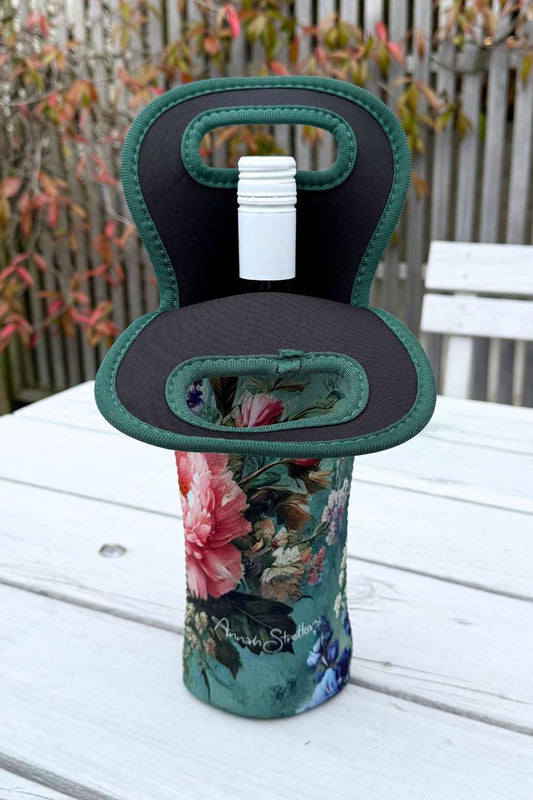 Floral Insulated Wine Carrier Bag Green Print