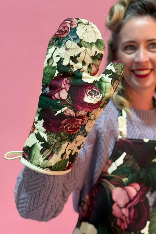 J’Adore Roses print oven mitt flat lay