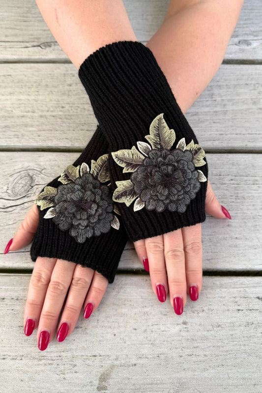 Bloom Fingerless Mittens - Black Rose