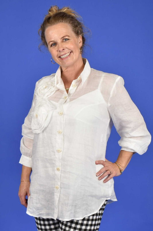 Annah Stretton Elsie Ruffle Shirt in soft blue – front view