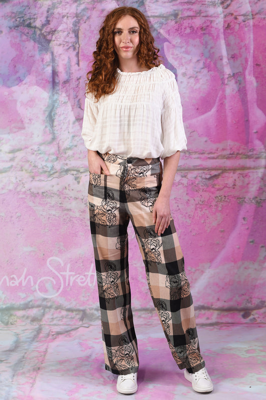 Wide-leg check trousers with floral print