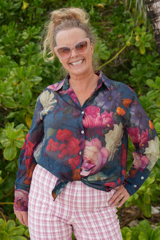 Annah Stretton Joyful World Shirt – Midnight Floral Waltz front view
