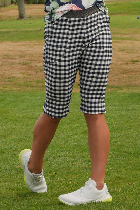 Front view Kaye Capri Navy Check – women’s golf and activewear pants