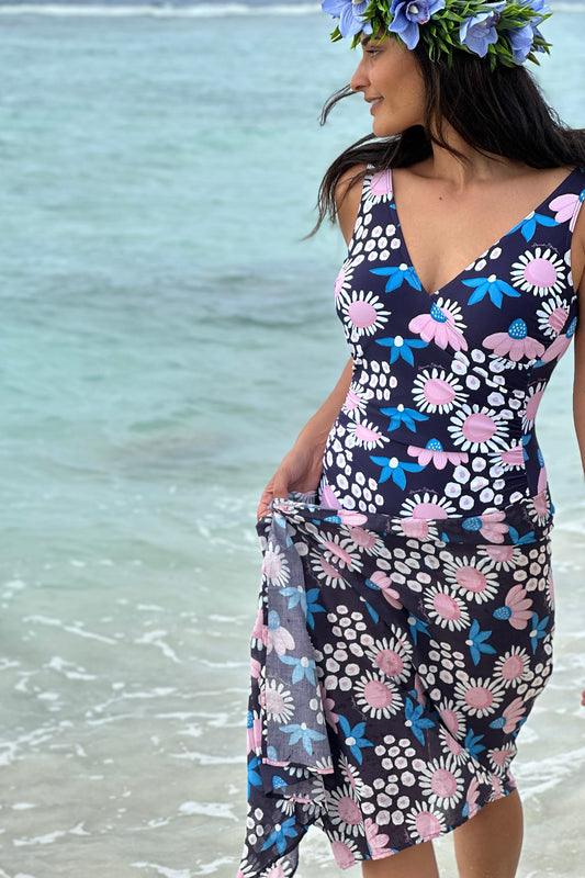 Front view Lily Rae Bather Daisy Navy – women’s floral one-piece