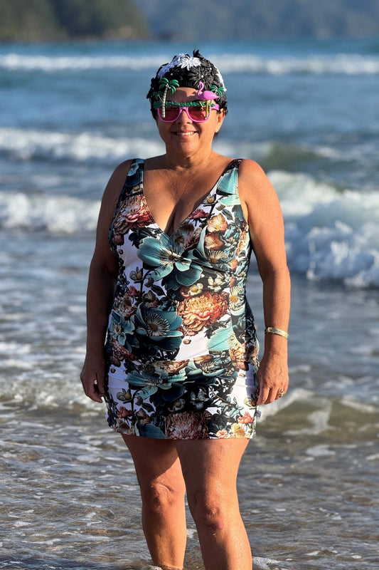 Front view Lily Skirt Bather Blue Bloom – swim dress