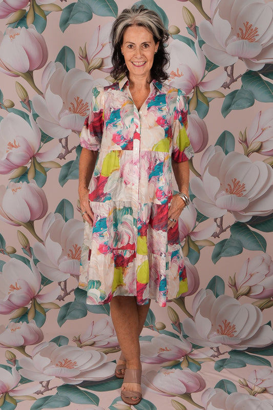 Cotton shirt dress with puff sleeves – Paint Me print