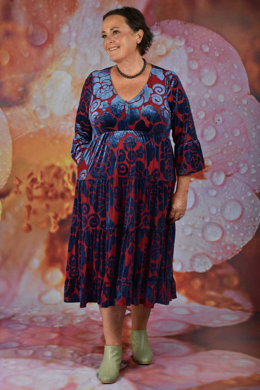 Berry velvet floral midi dress NZ
