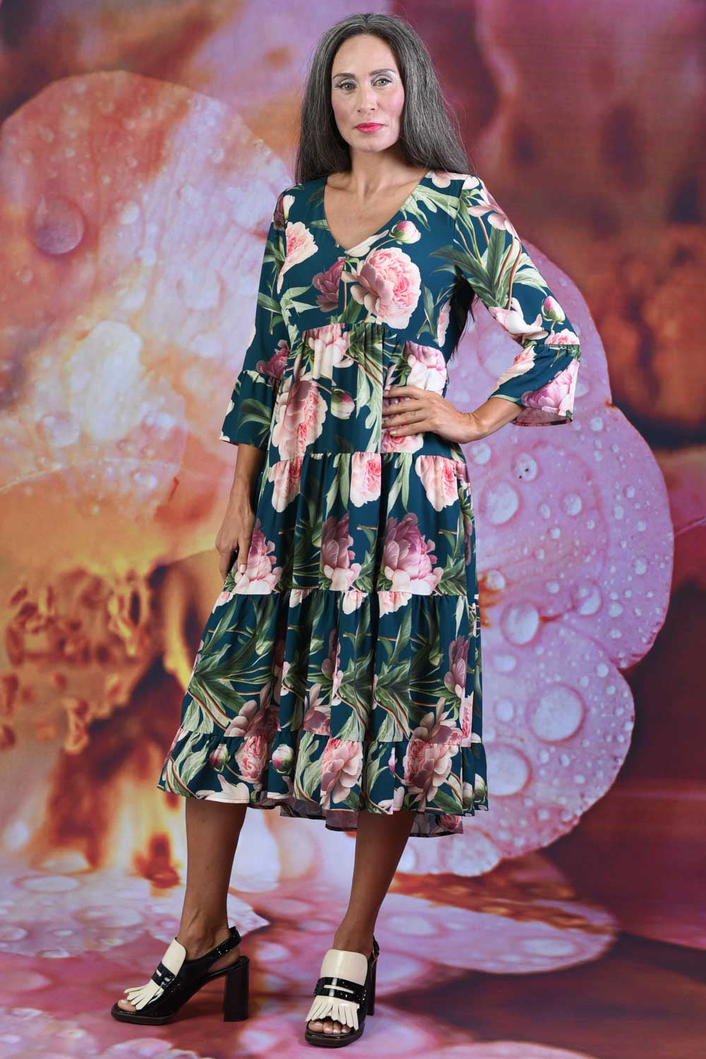 Magic Dress - Adoring Peony | Tiered Midi Dress | Floral 3/4 Sleeve Annah Stretton Magic Dress - Adoring Peony | Tiered Midi Dress | Floral 3/4 Sleeve Annah Stretton