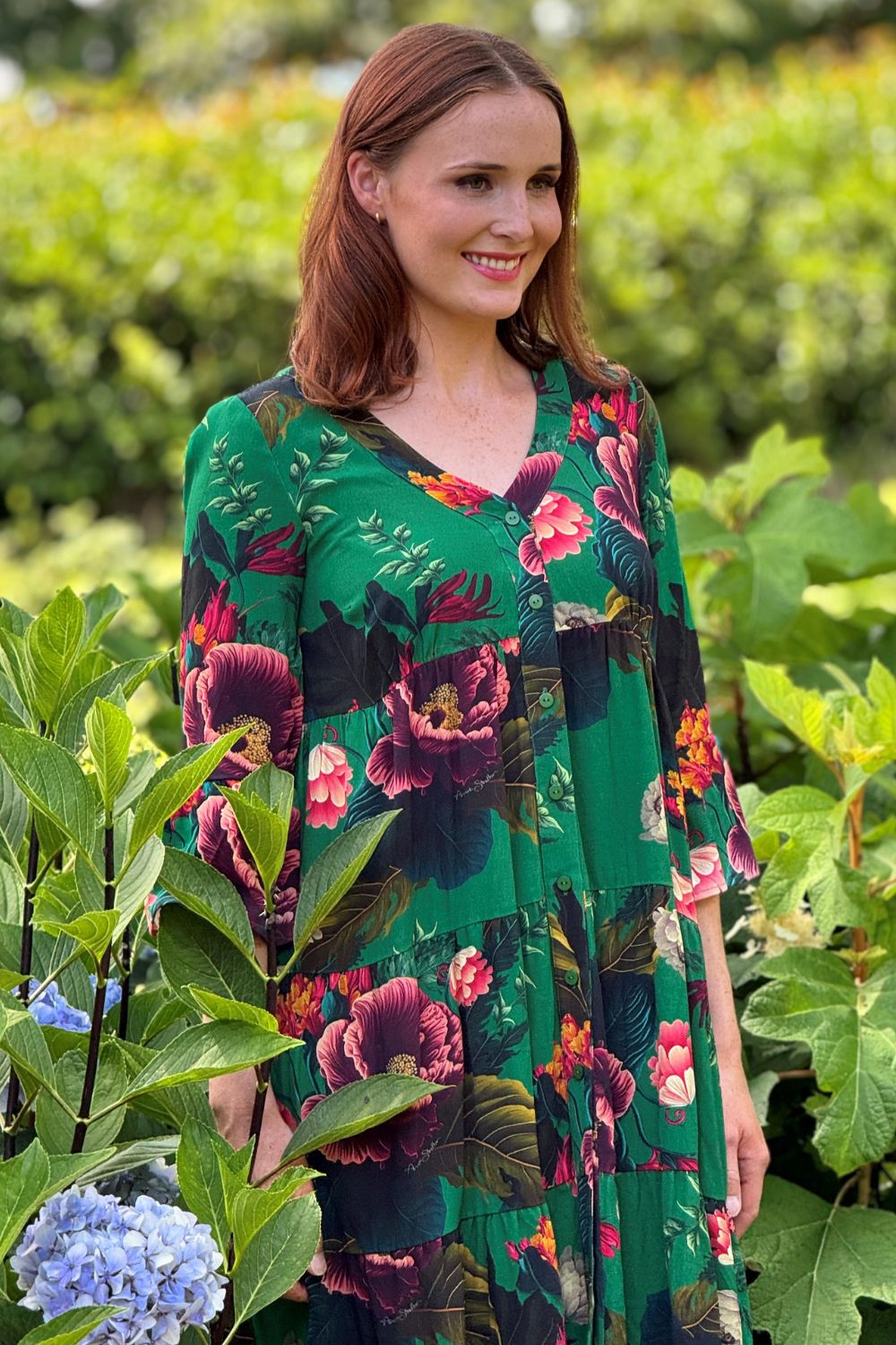 Corsica Meri Dress | Tropical Poppy | Green Floral Midi Dress | NZ Annah Stretton Corsica Meri Dress | Tropical Poppy | Green Floral Midi Dress | NZ Annah Stretton