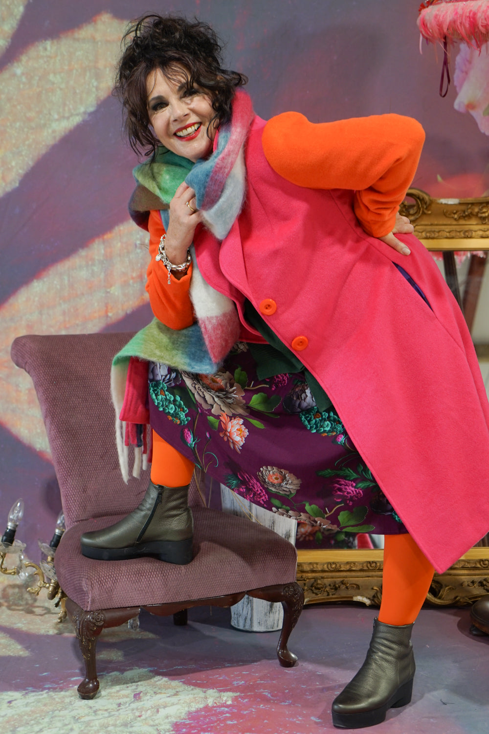 Heloise Coat Fuchsia Hot Pink and Orange Colour block Winter Coat