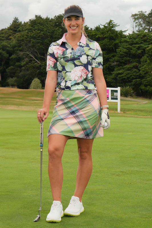 Nelly Skort Green Plaid styled for golf and active lifestyle