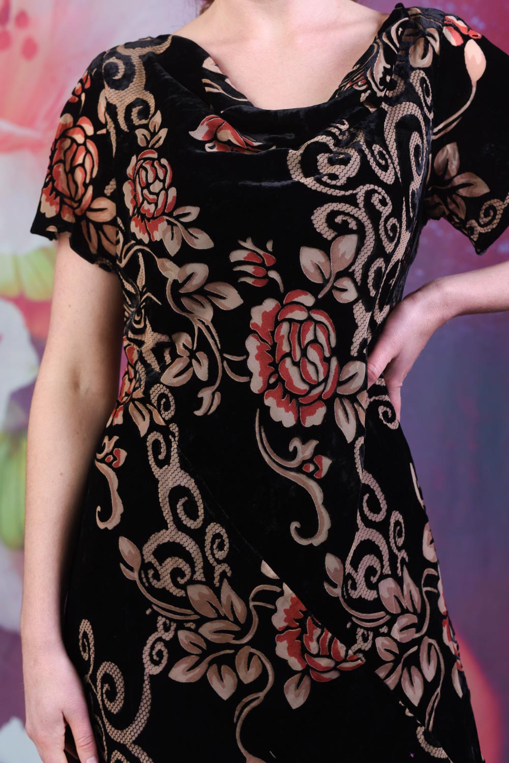 Close-up of the Annah Stretton O'Hara Gem velvet dress in black floral