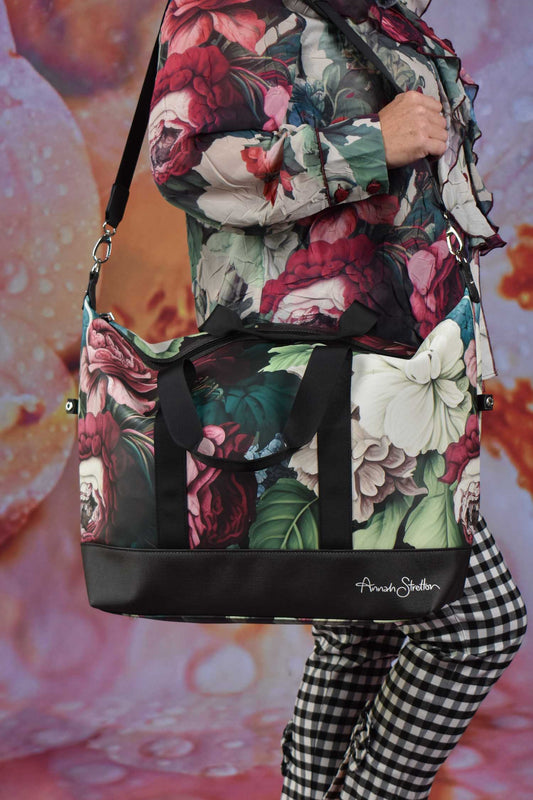 AS Overnight Bag J’Adore Roses floral print by Annah Stretton carrying strap