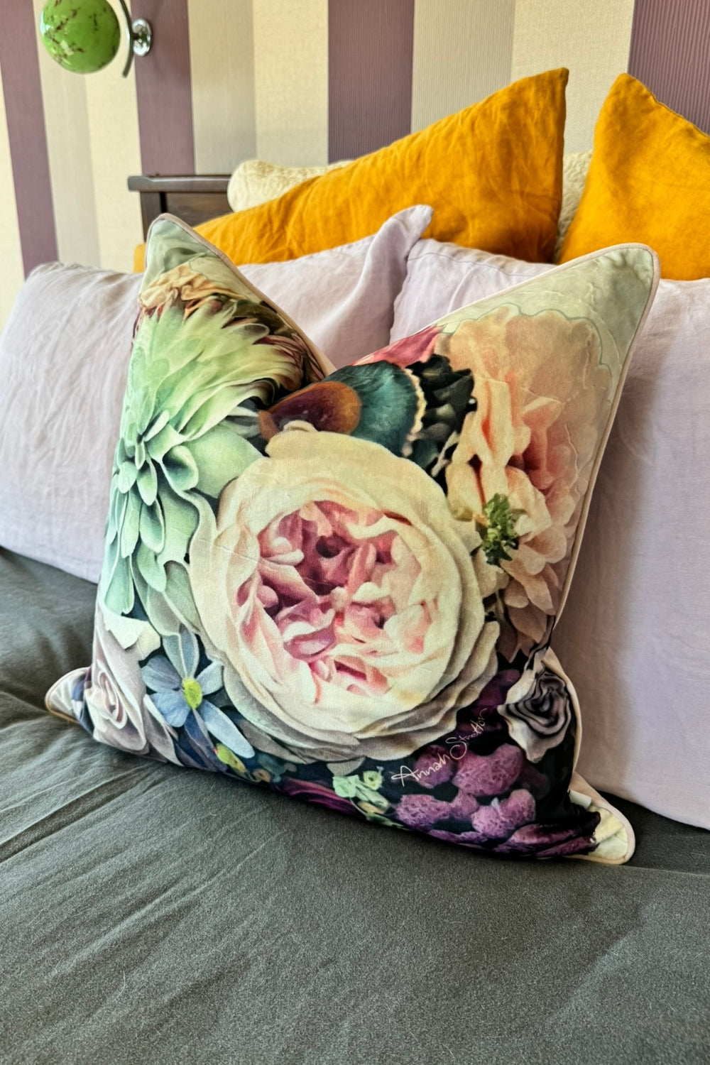 Annah Stretton Velvet Cushion Cover Peony Classic Floral home decor