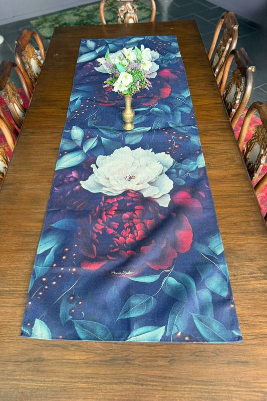 Long Christmas table runner – Midnight Holly print, approx. 190x65cm