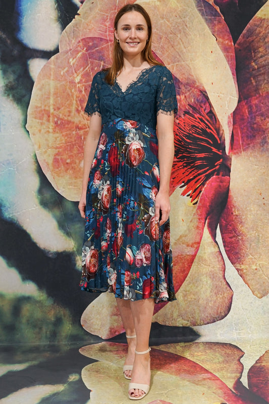 Teal floral pleated lace dress