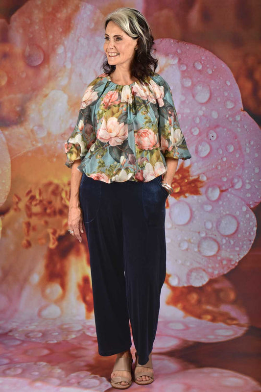 Navy velvet wide-leg trousers women