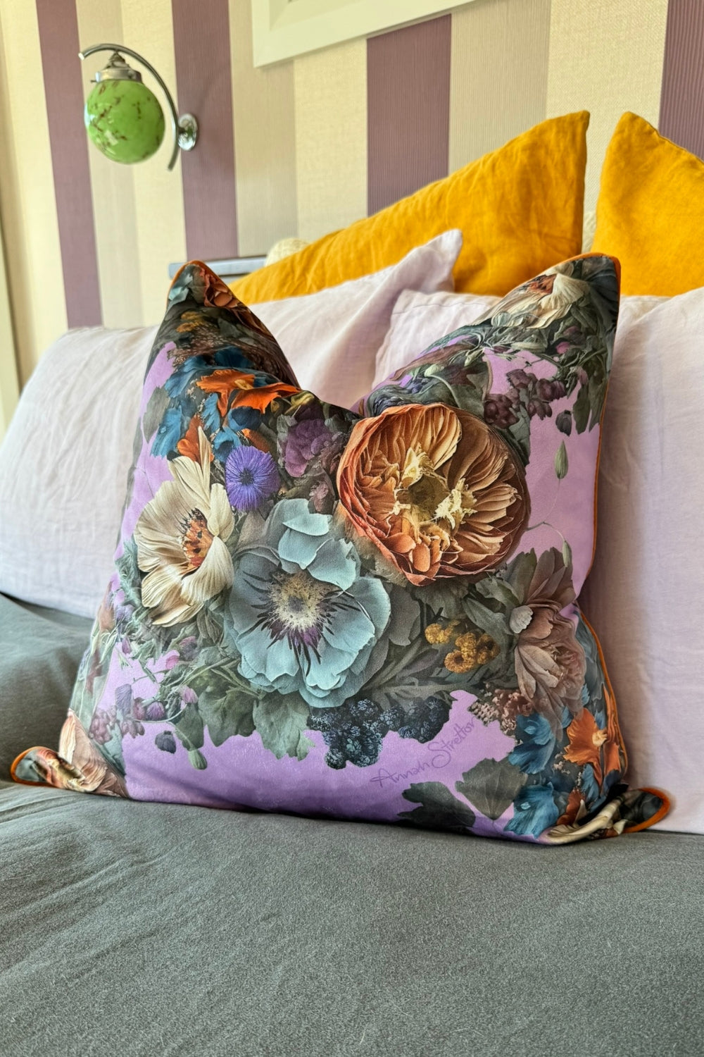 AS Velvet Cushion Vintage Bouquet Lilac Reversible Decor Pillow NZ Annah Stretton