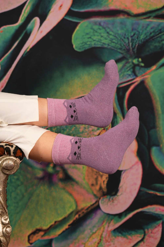 Cosy Blend Cat Socks - Includes Wool - Sky Pink - Multi Pack Of 2