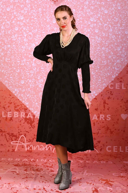 model wearing winter rose black spot dress