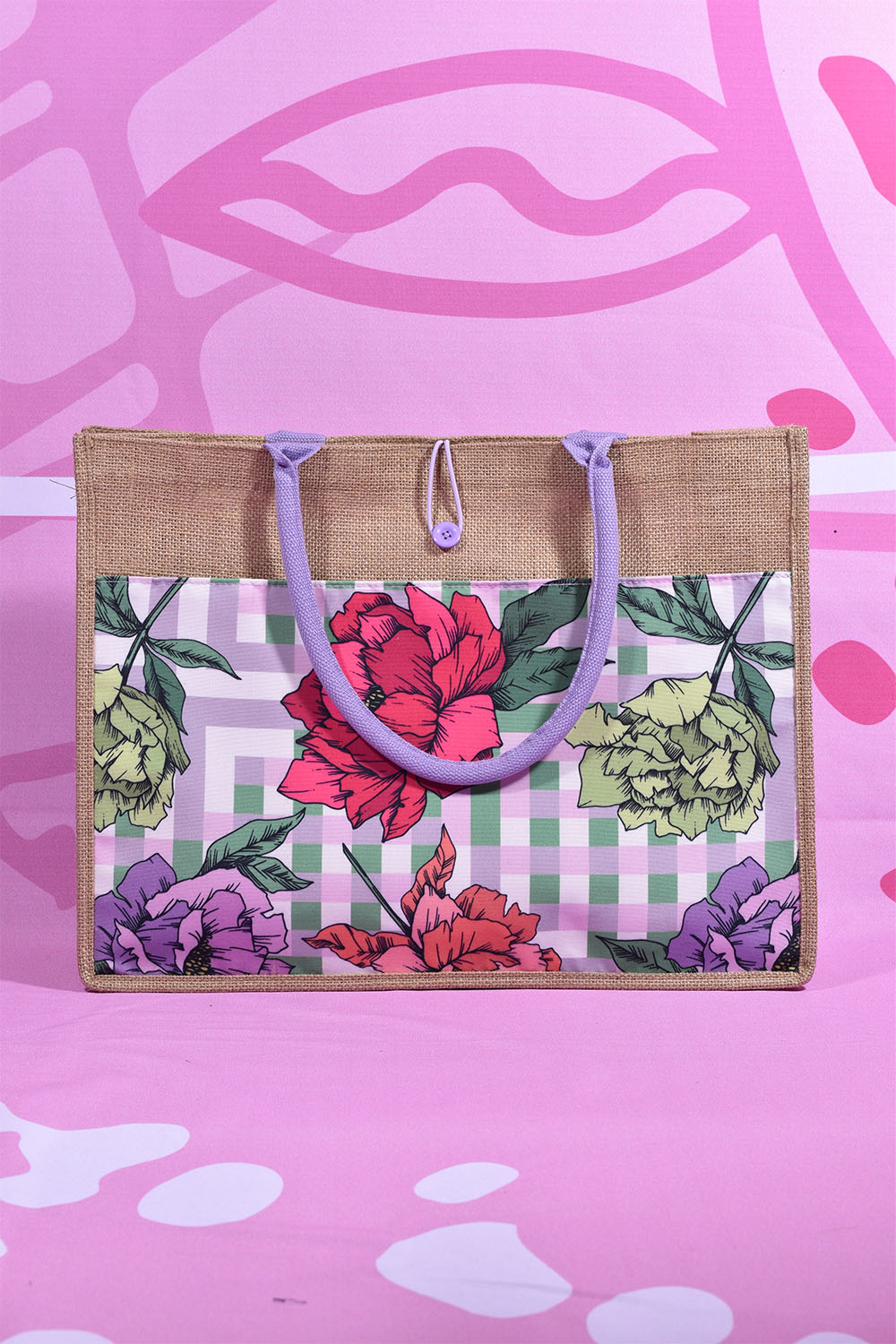 annah stretton gingham floral jute bag