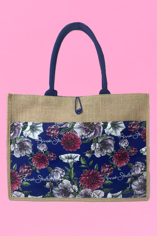 Indigo Floral Jute Bag
