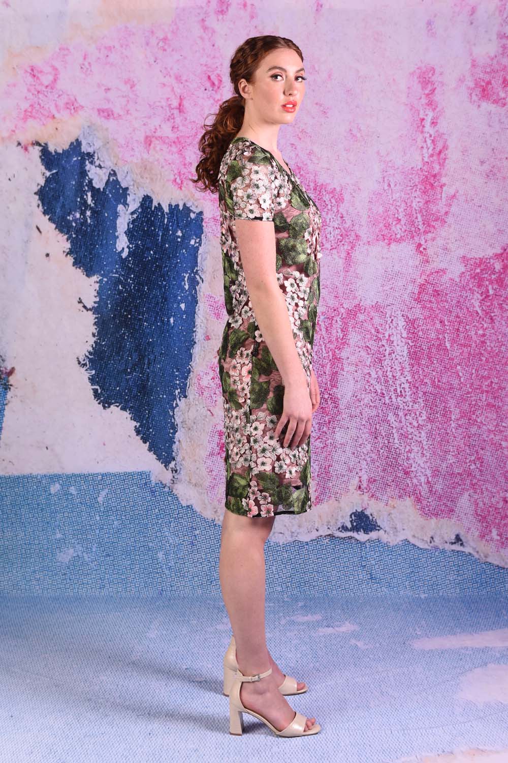 model wearing Austin Hydrangea pink dress