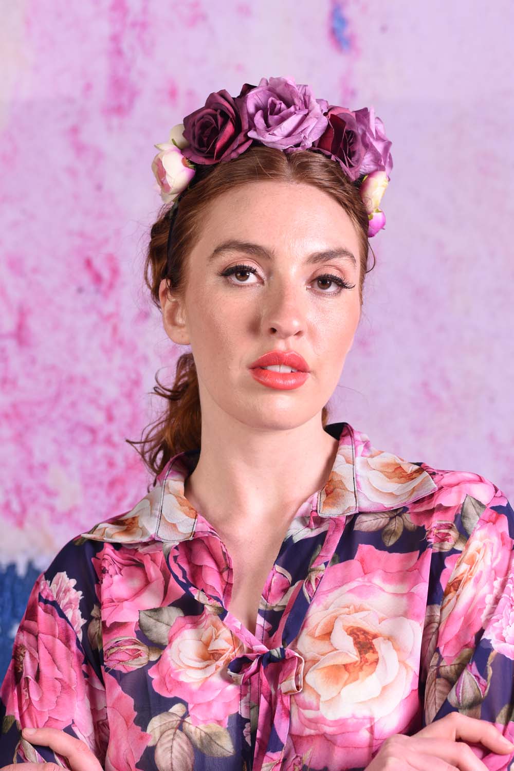 model wearing frida floral rose headband
