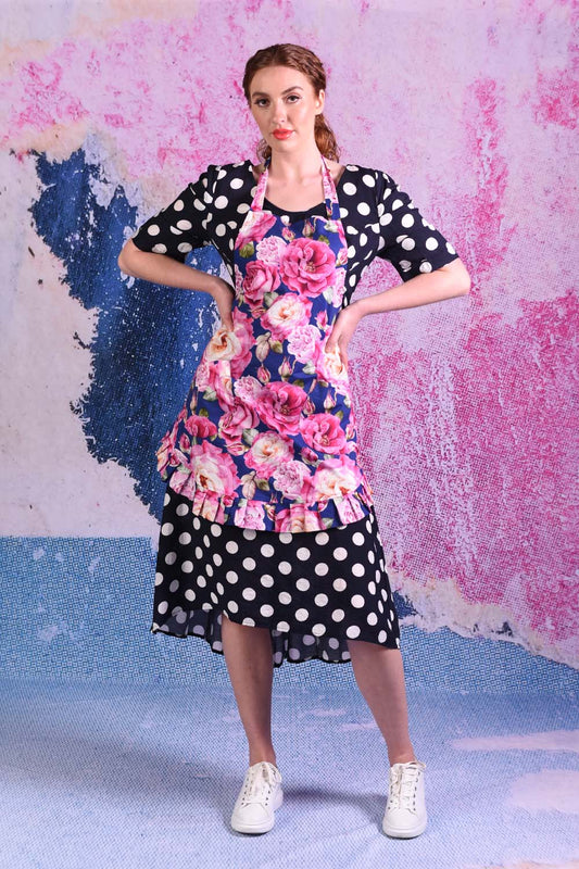 model wearing ginny jess pink peony apron