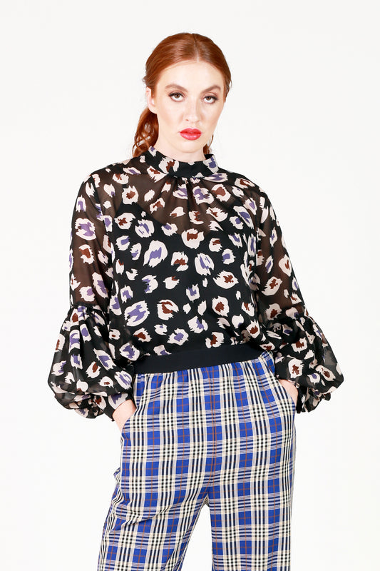 renne high neck puff sleeve spot top