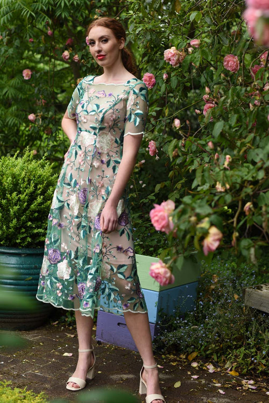 Model in Spring Angel embroidered mesh dress by Annah Stretton