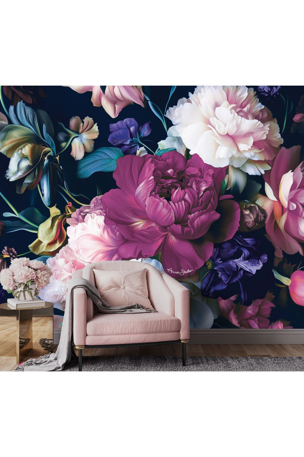 Petal Chorus Cerise Floral Mural Wallpaper - 2.7m x 3m