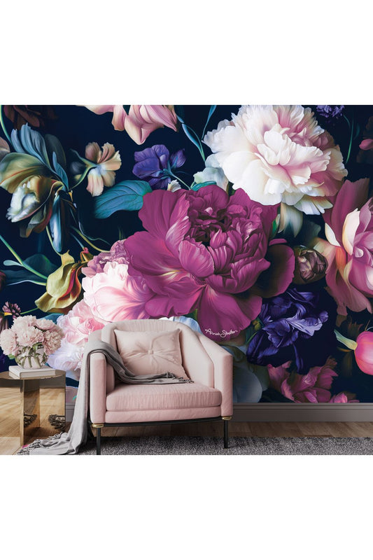 Petal Chorus Cerise Floral Mural Wallpaper - 2.7m x 3m