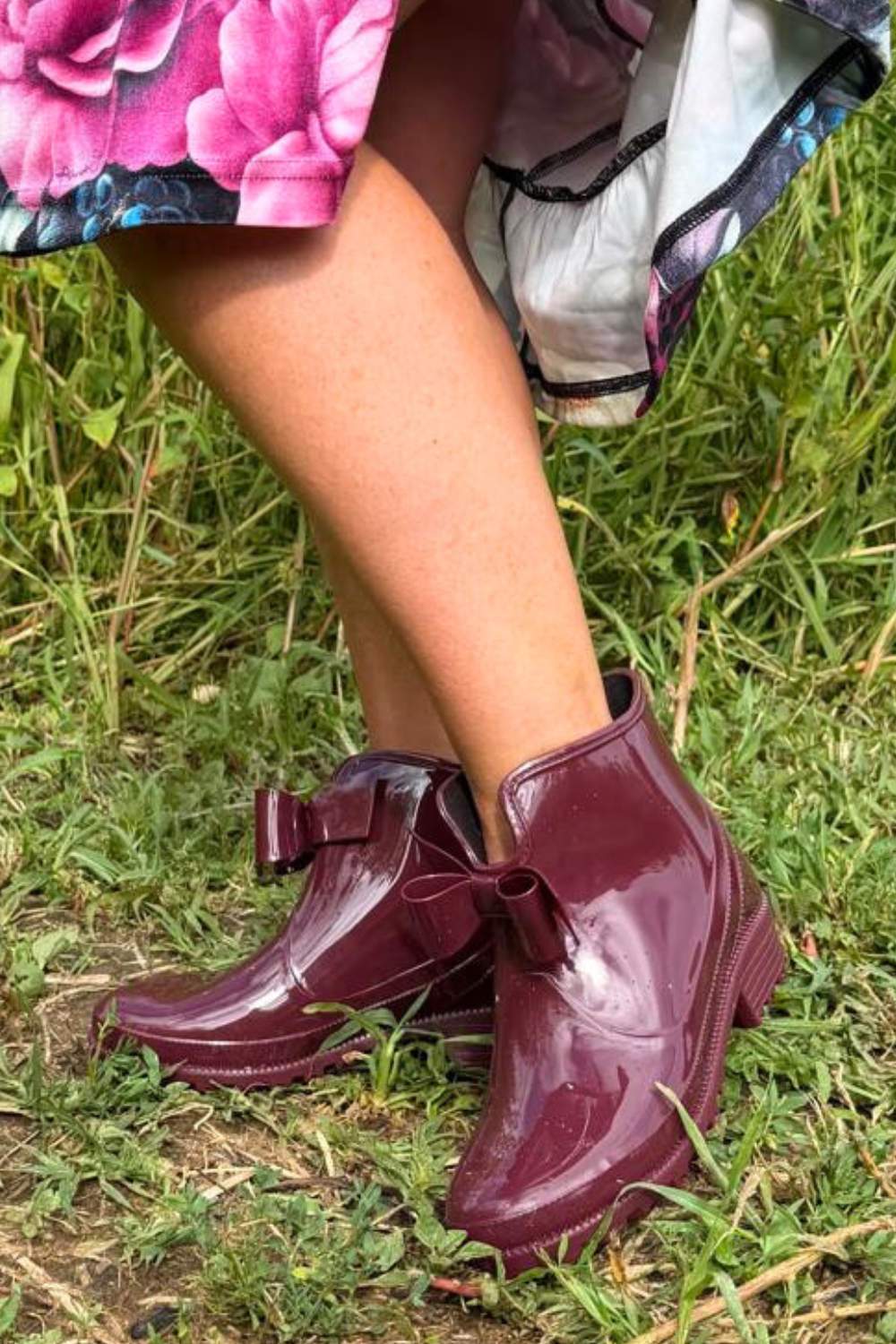 Annah Stretton bow gumboots wine
