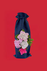 Navy floral wine bottle gift bag with 3D detailing