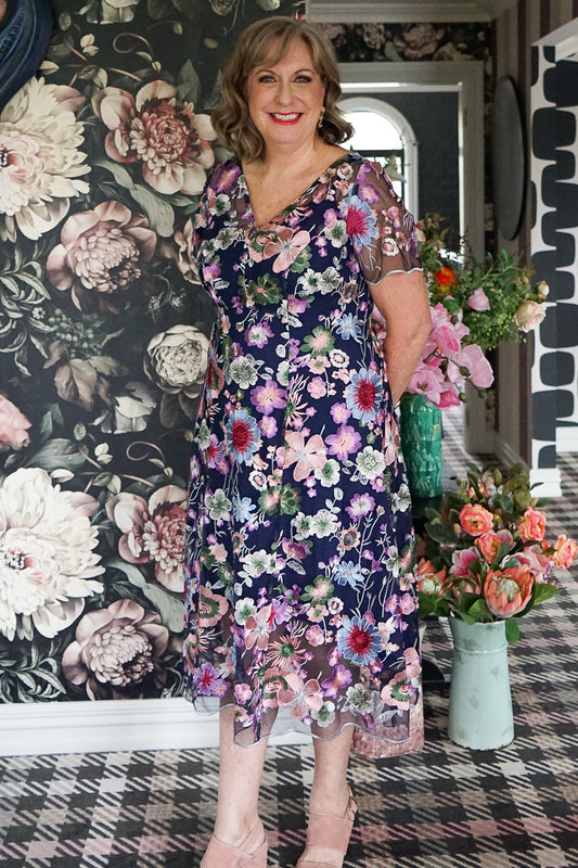 Multi-floral embroidered lace dress