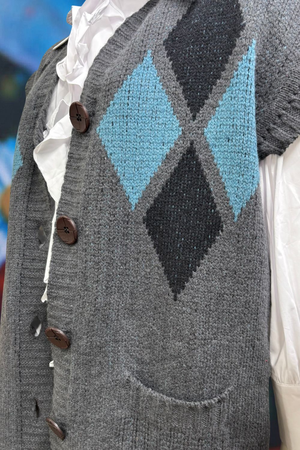 Layering vest womens winter knit teal argyle
