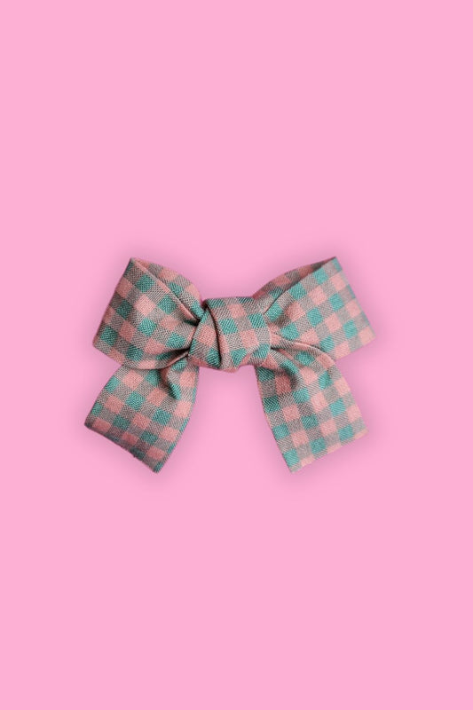 Bow Hair Clip - Green and Peach Check