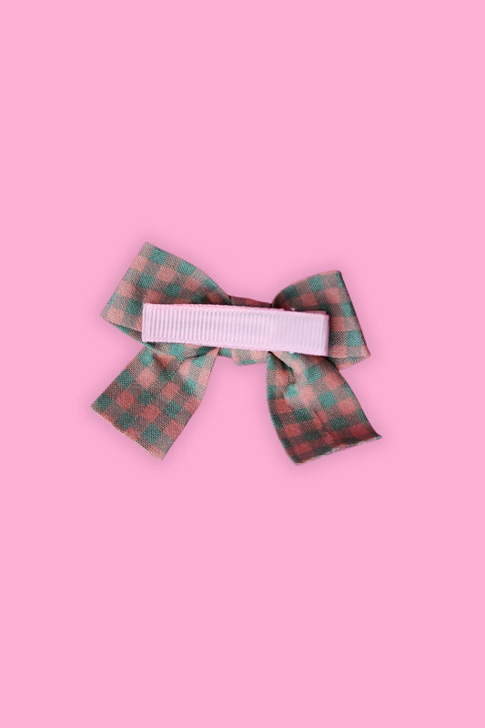 Bow Hair Clip - Green and Peach Check