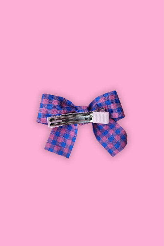 Bow Hair Clip - Pink and Blue Check