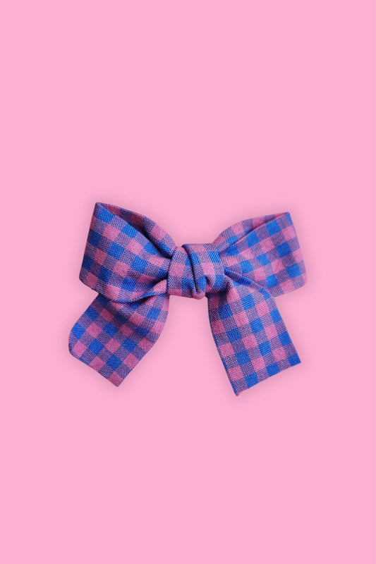 Bow Hair Clip - Pink and Blue Check
